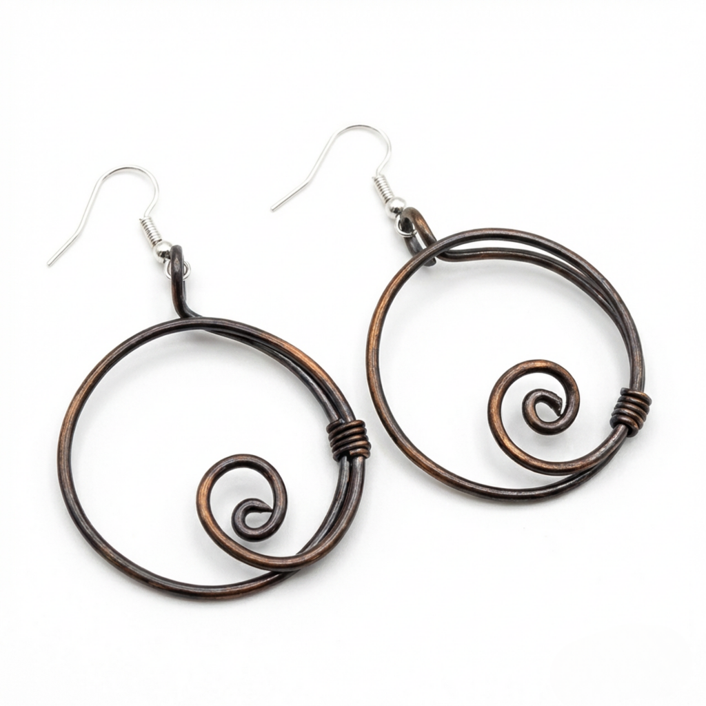 Hoop copper spiral earrings, full view, handmade boho hoop earrings, gift for her UK