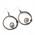 Hoop copper spiral earrings, full view, handmade boho hoop earrings, gift for her UK