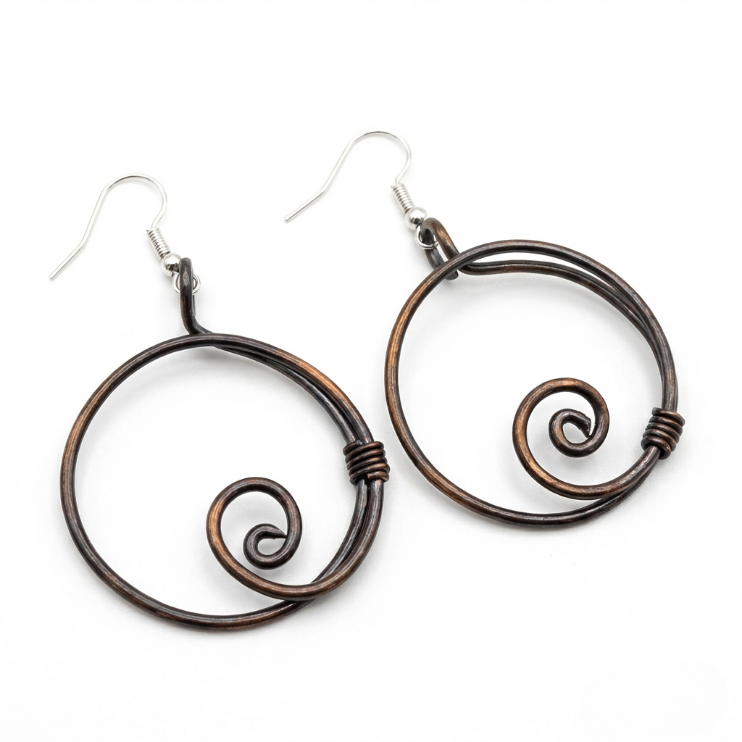 Hoop copper spiral earrings, full view, handmade boho hoop earrings, gift for her UK