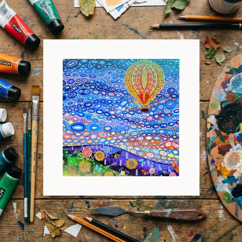 Colourful artwork of a hot air balloon in a stylized landscape on a wooden surface with art supplies.
