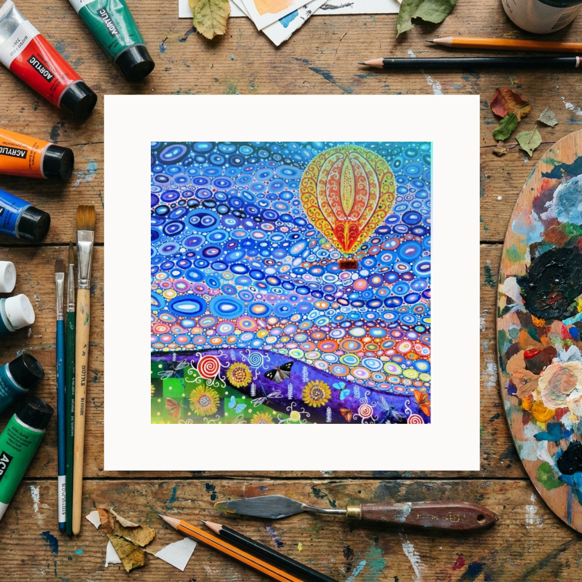 Colourful artwork of a hot air balloon in a stylized landscape on a wooden surface with art supplies.