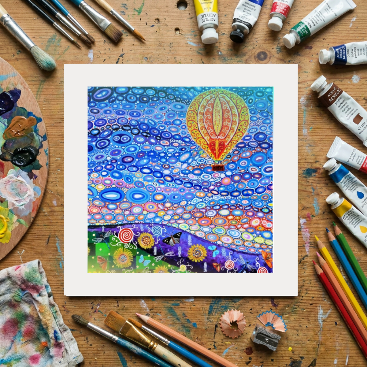 Colourful hot air balloon artwork on a wooden surface with art supplies.