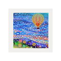 Colourful abstract artwork with a hot air balloon and circular patterns on a white background