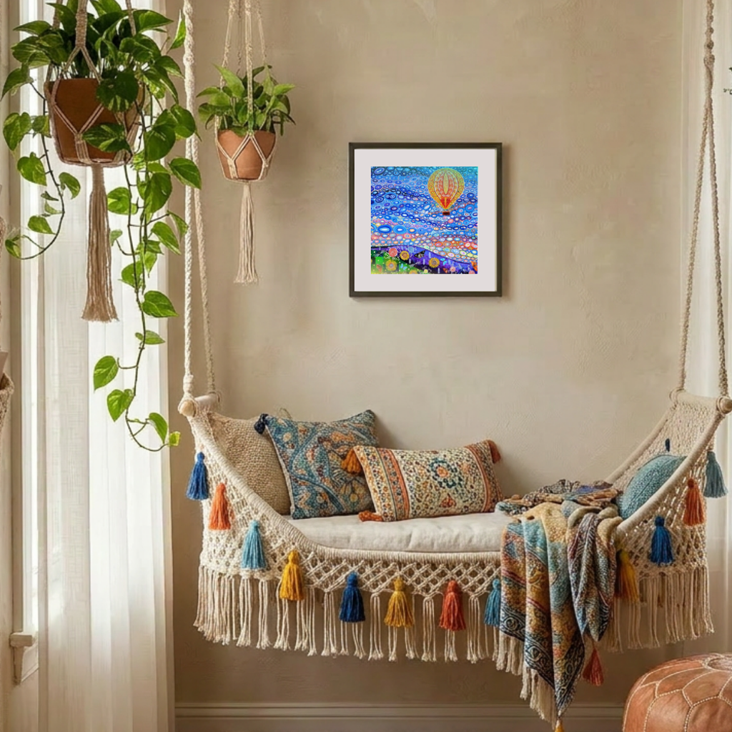 Decorative indoor swing with colourful pillows and a framed hot air balloon artwork on the wall.