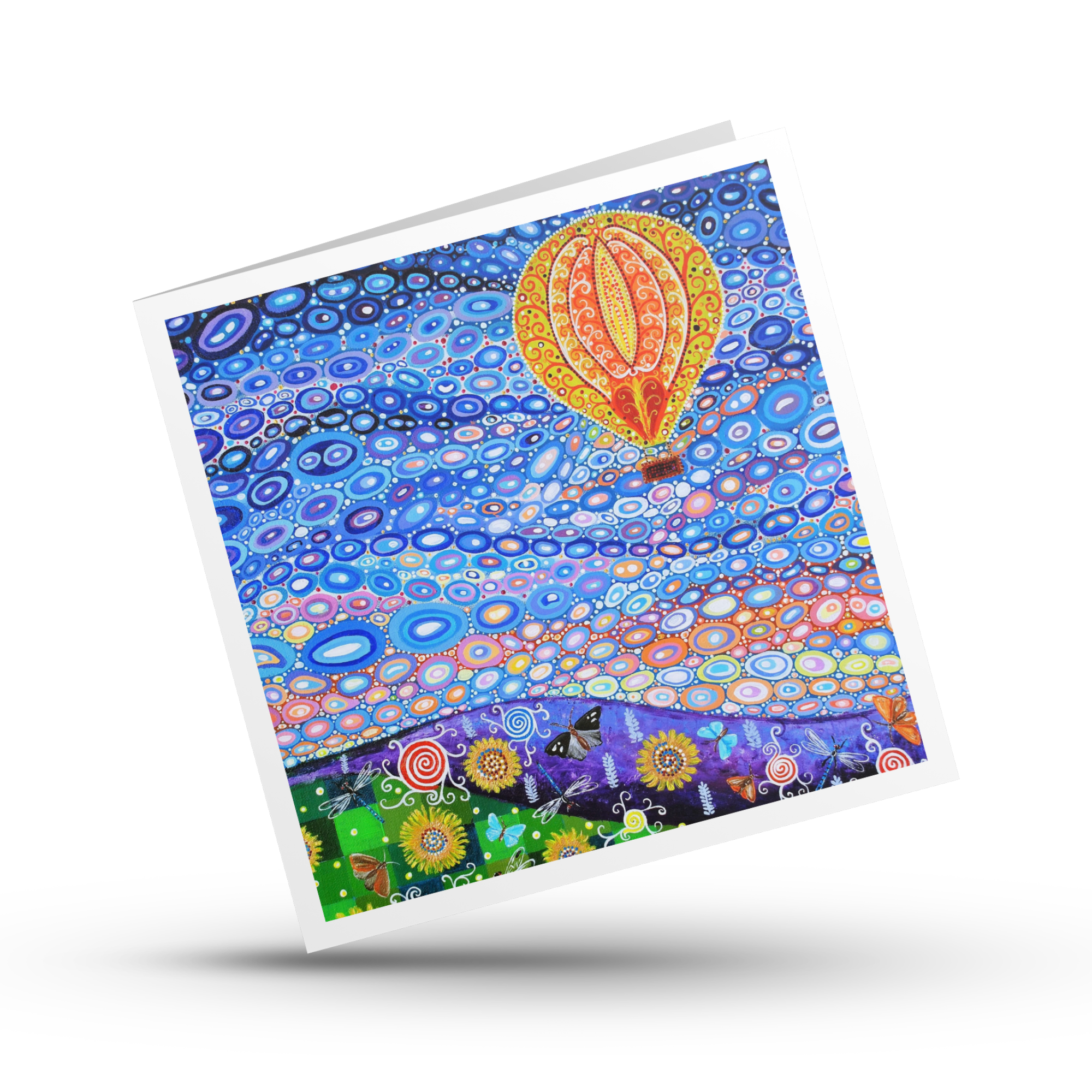 Colourful greeting card with a hot air balloon design on a white background