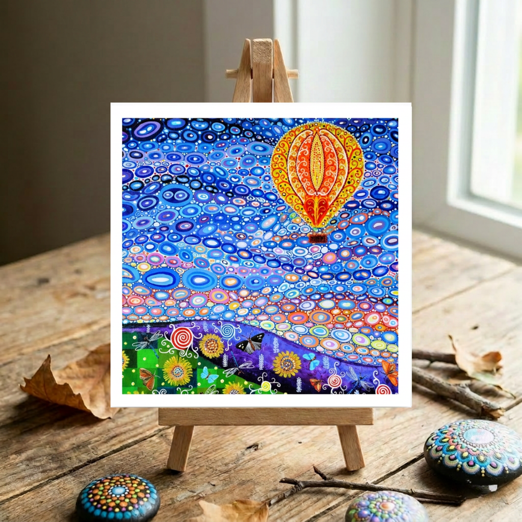 Colourful abstract artwork of a hot air balloon on a wooden easel with decorative stones and branches.
