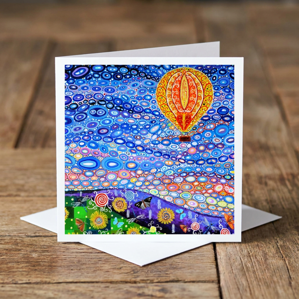 Colourful card with a hot air balloon design on a wooden surface