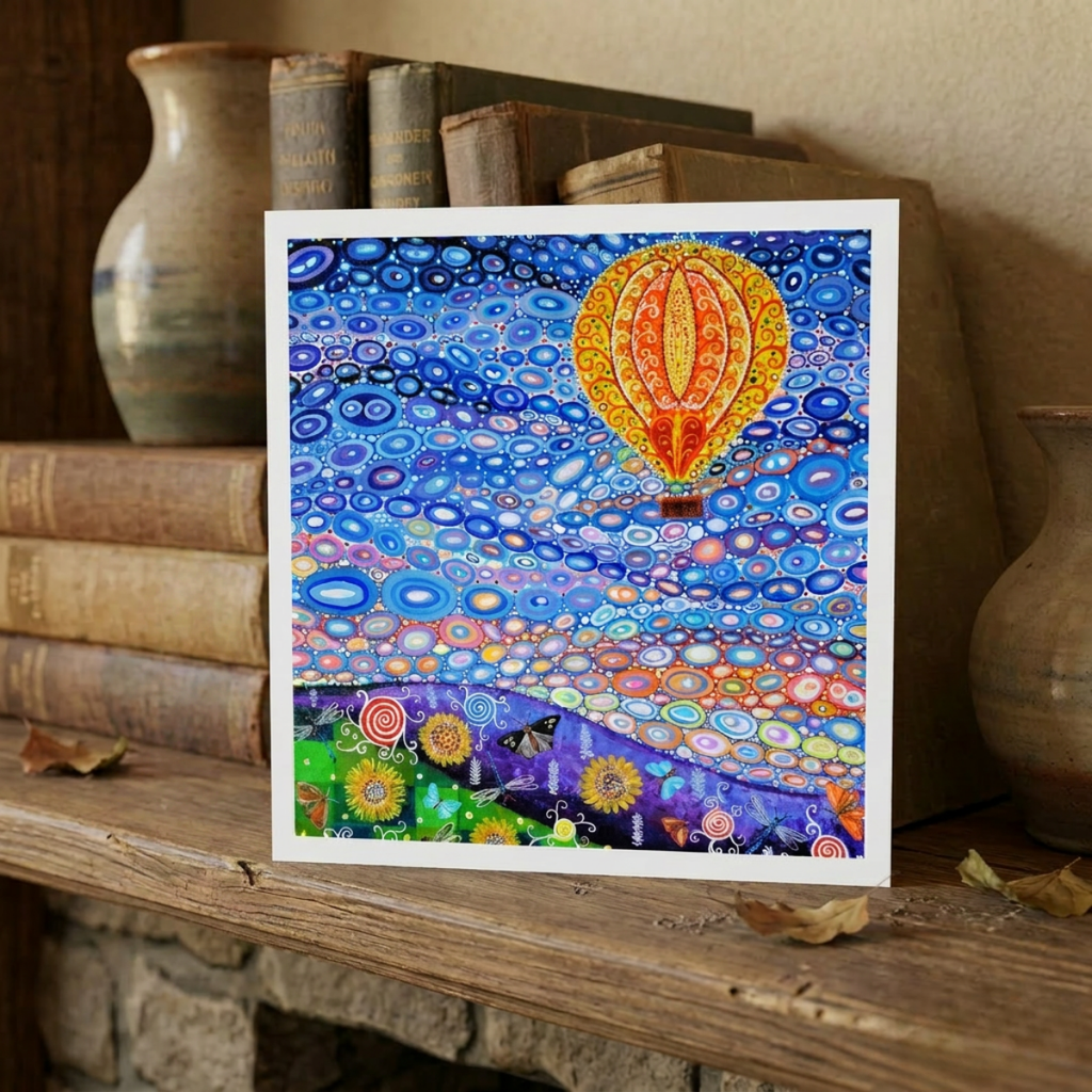 Colourful artwork of a hot air balloon and floral patterns on a wooden surface with books and vases.