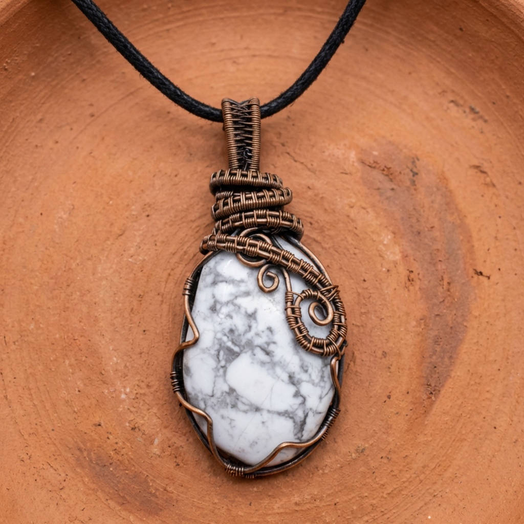 Pendant with white stone and bronze wire wrapping on a brown surface