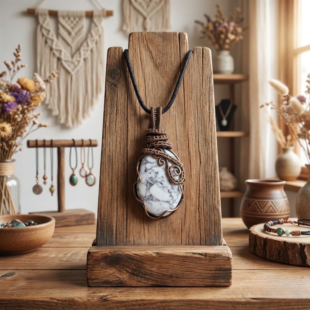 Necklace with a stone pendant on a wooden stand in a cozy room setting.