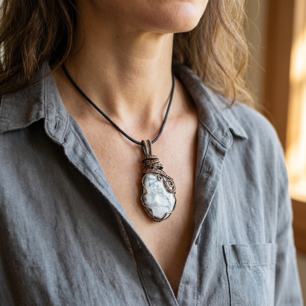 Person wearing a necklace with a large pendant