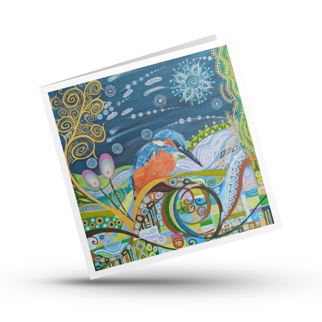 Colourful greeting card with a kingfisher bird design on a white background