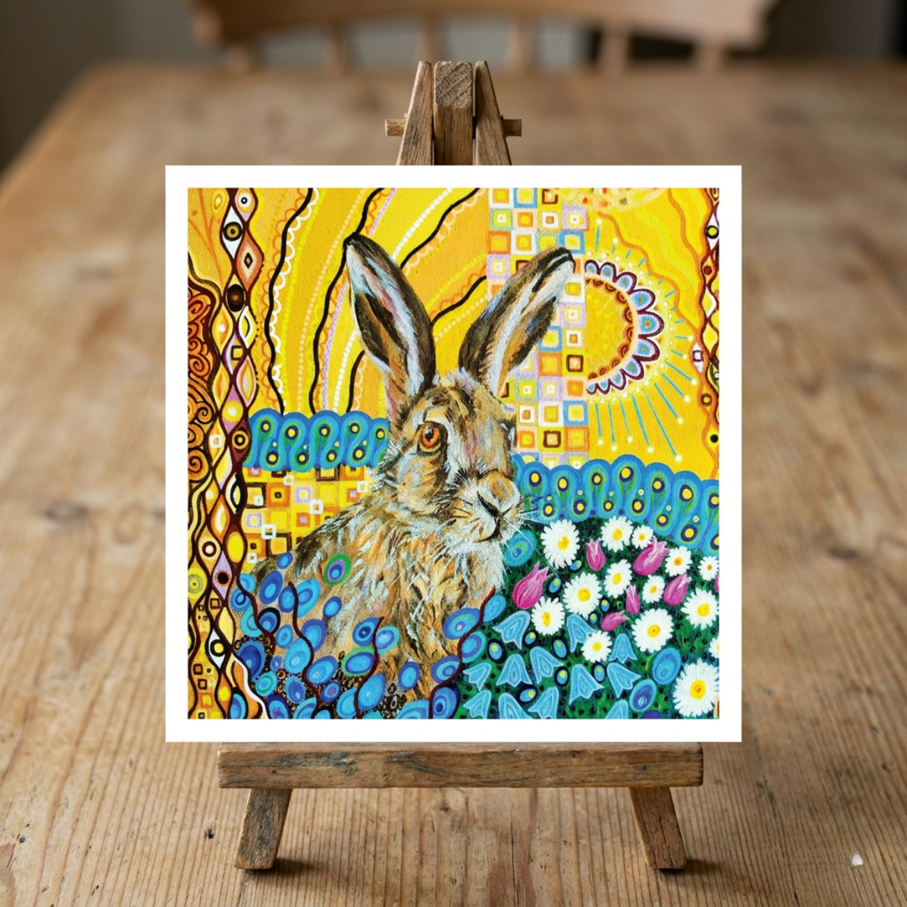Colourful painting of a hare on a wooden easel with a wooden table background