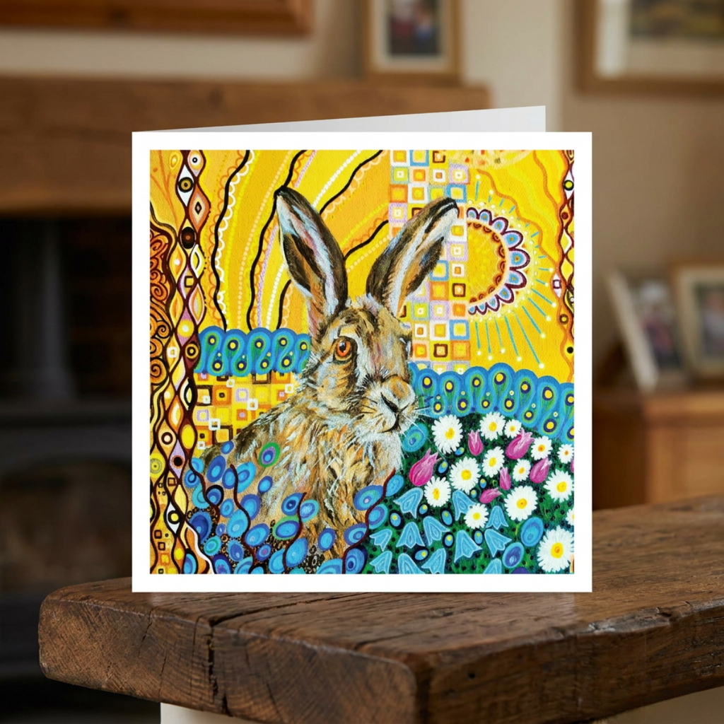 Colourful greeting card with a hare illustration on a wooden surface