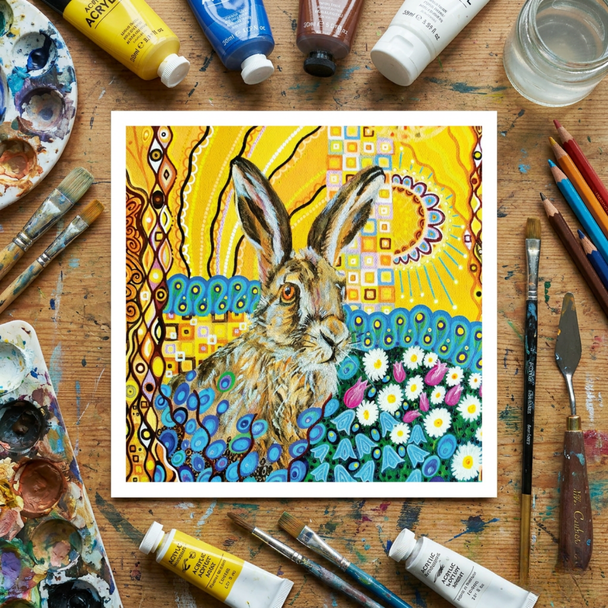 Colourful artwork of a rabbit on a wooden surface with art supplies.