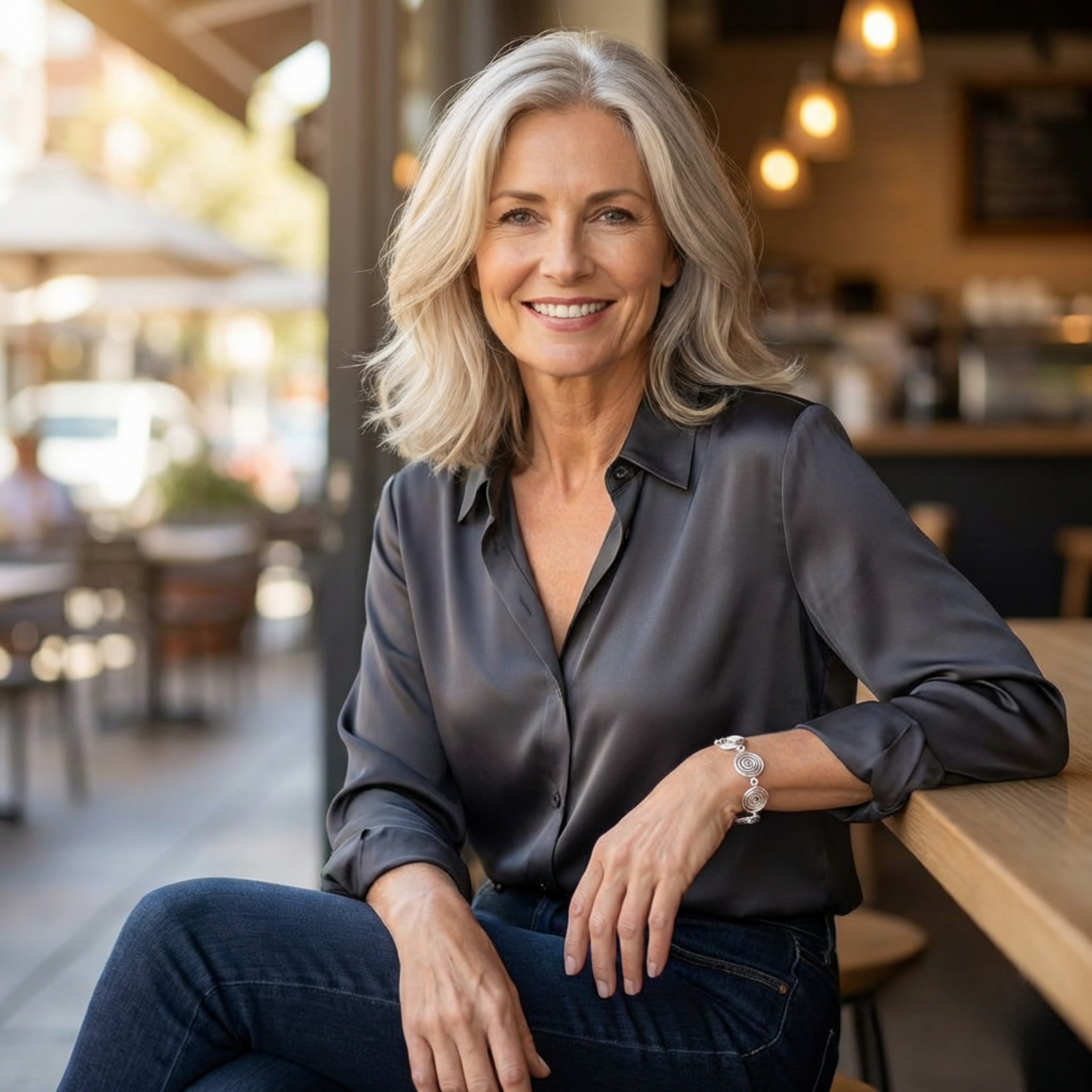 Woman sitting at a table in a cafe, wearing a dark shirt and jeans and a spiral bracelet.
