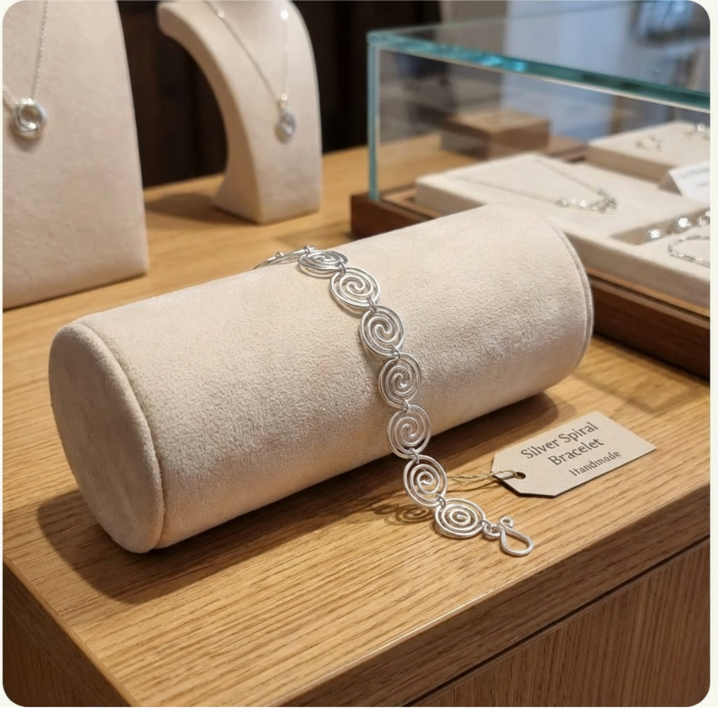 Shop display of a silver spiral necklace