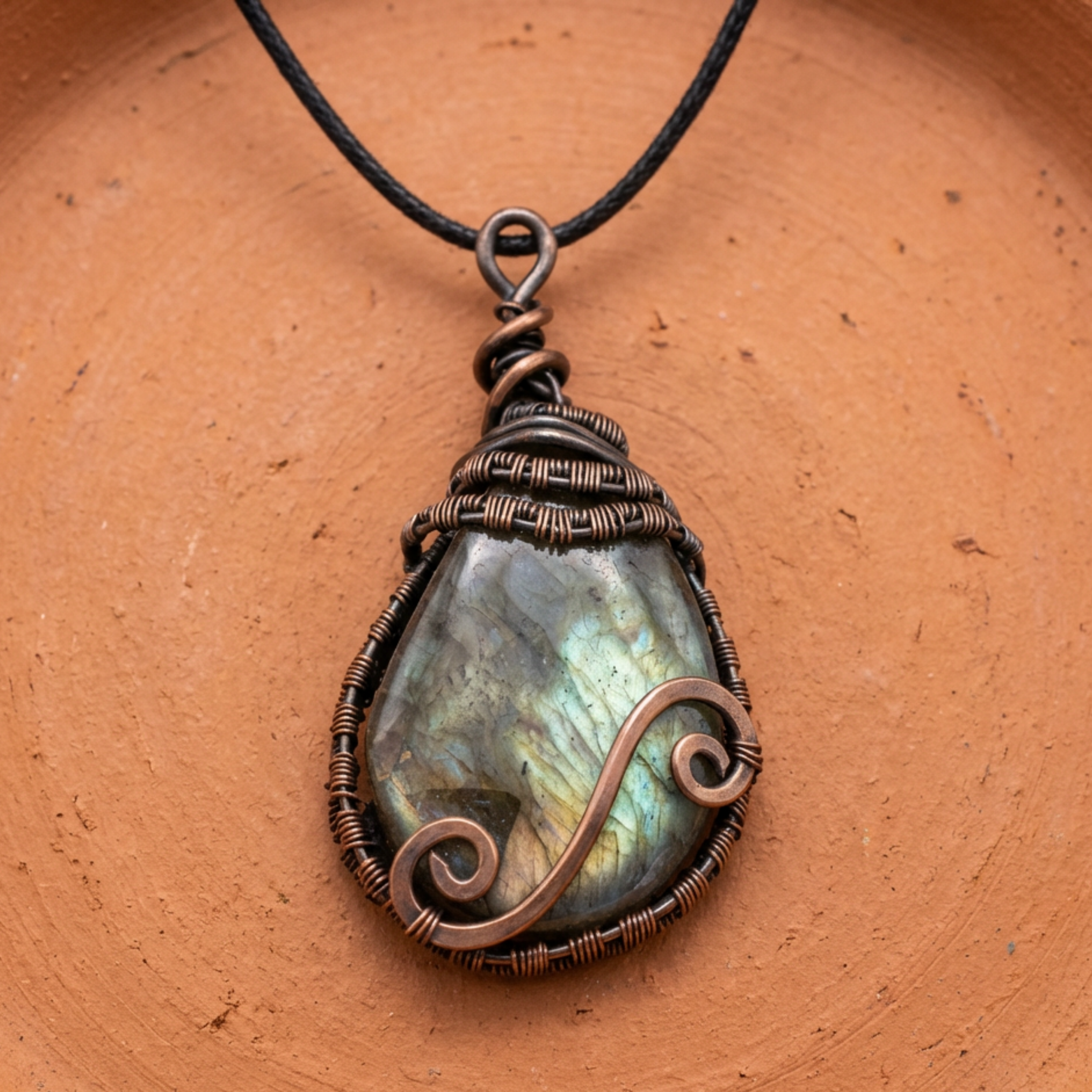 Necklace with a teardrop-shaped pendant on a brown background