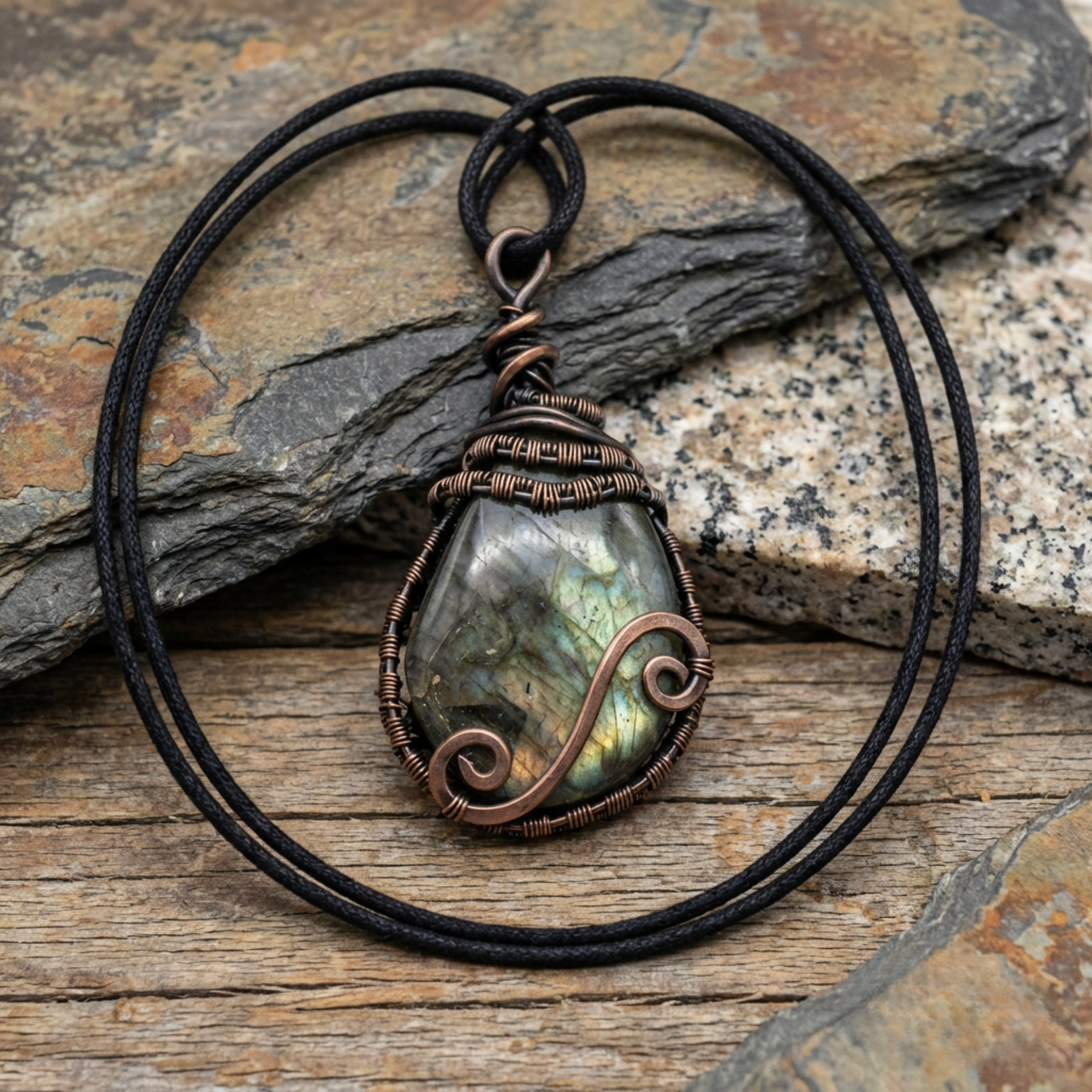 Necklace with a labradorite pendant on a rustic wooden surface