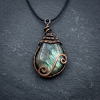 Necklace with a pendant featuring a green stone and copper wire wrapping on a dark background
