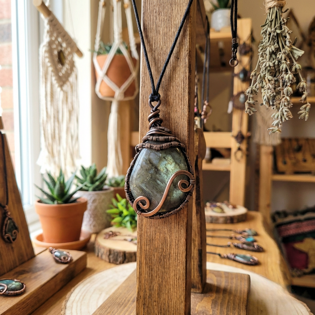 Necklace with a large green stone pendant on a wooden stand in a store setting.
