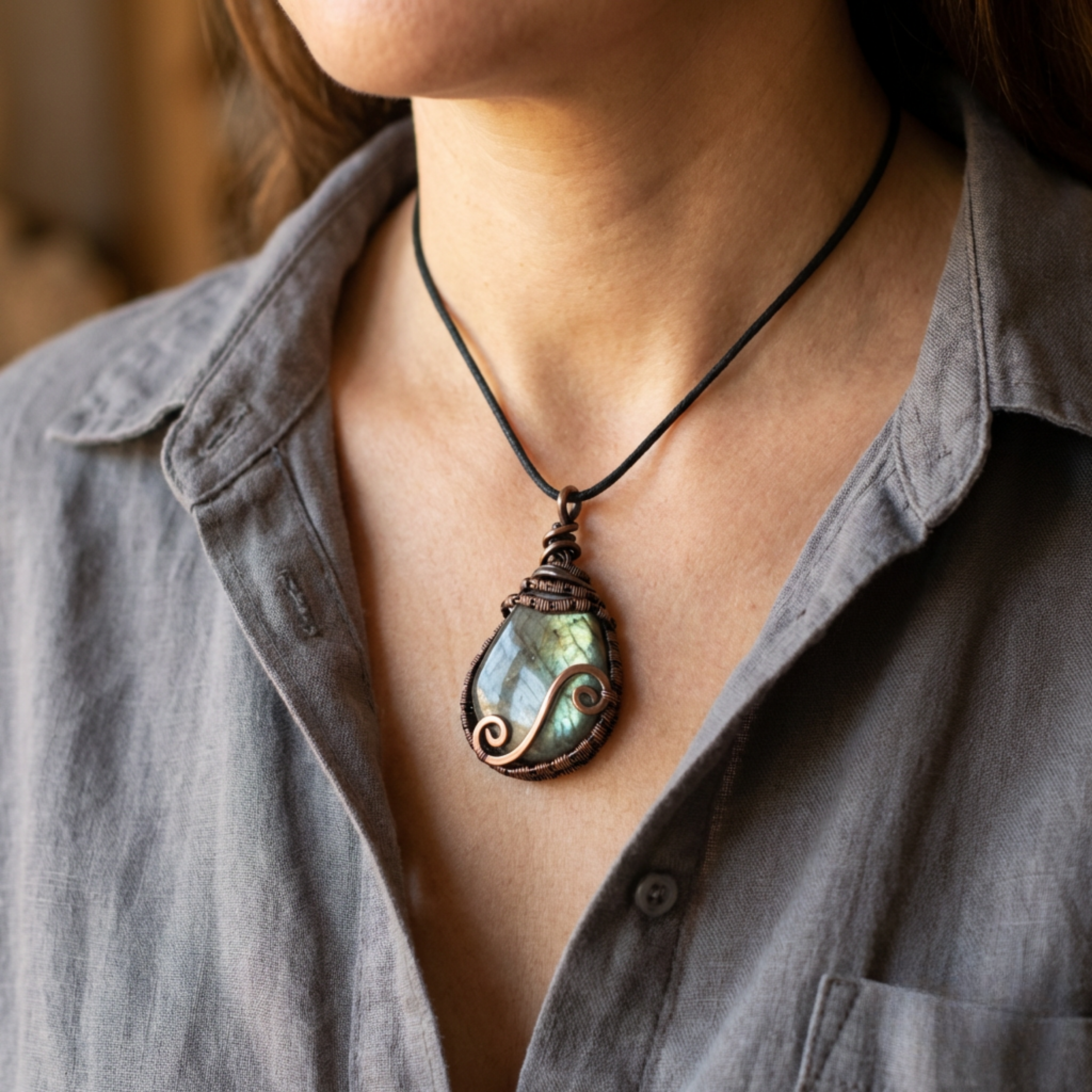 Necklace with a pendant worn by a person wearing a gray shirt.