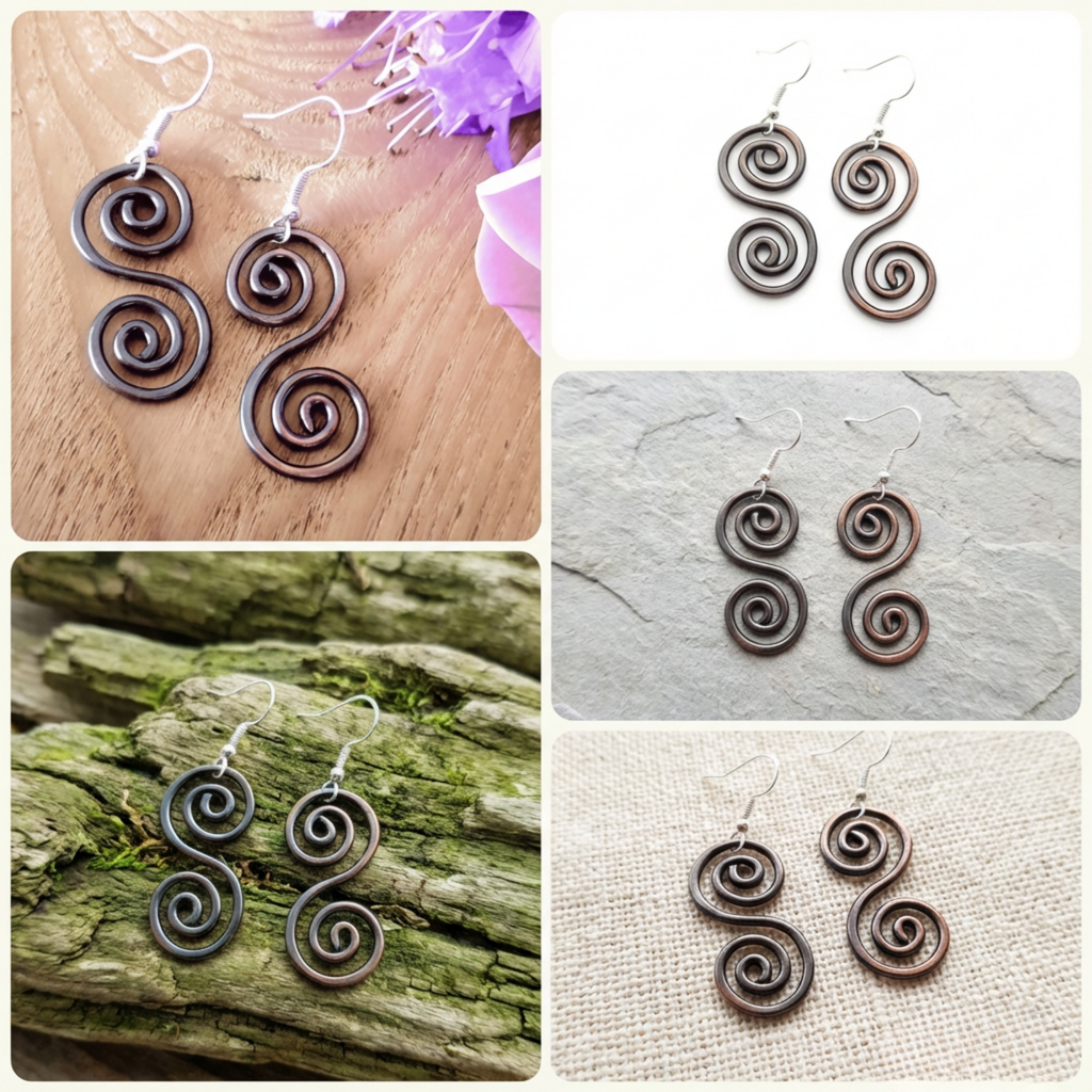 collage of copper celtic spiral earrings