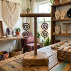 Rustic copper Celtic spiral earrings on a jewellery stand in a boho shop 