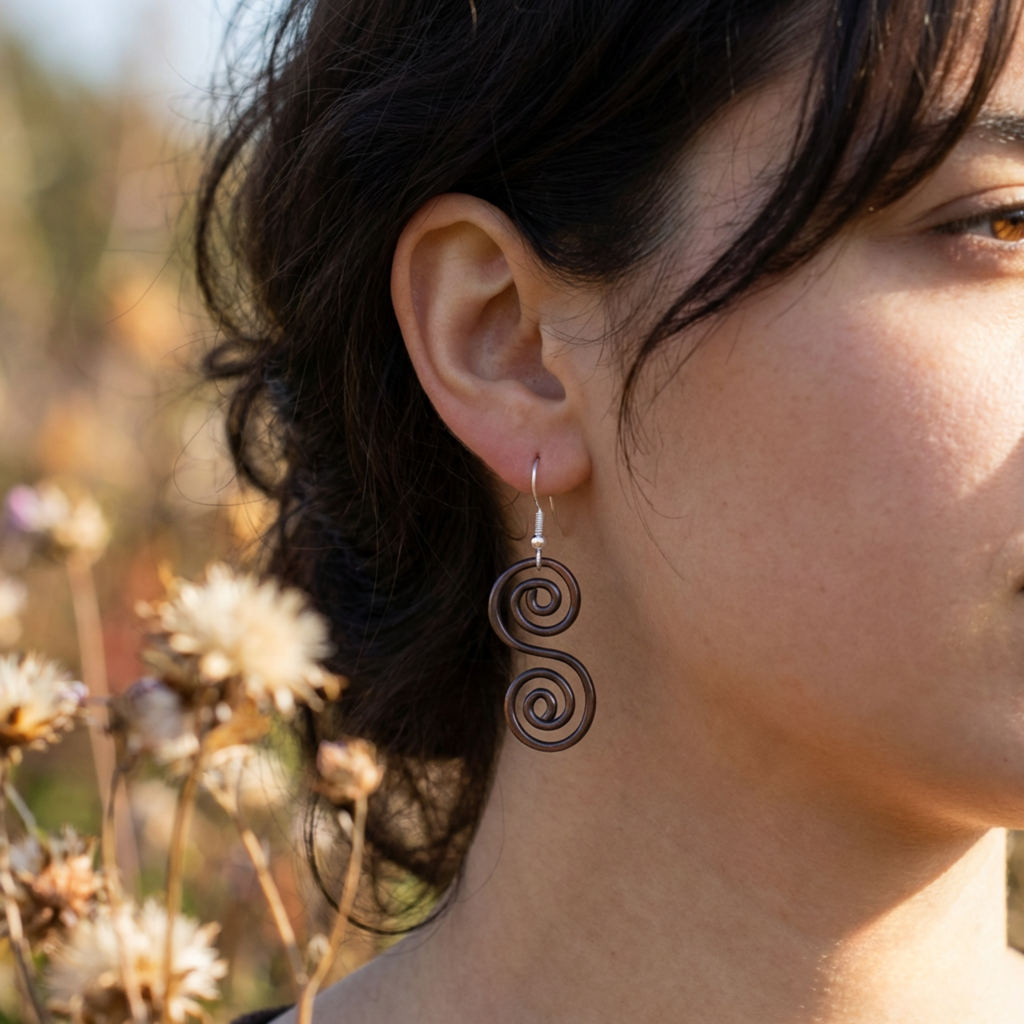 Young model wearing S shaped copper Celtic earrings boho jewellery