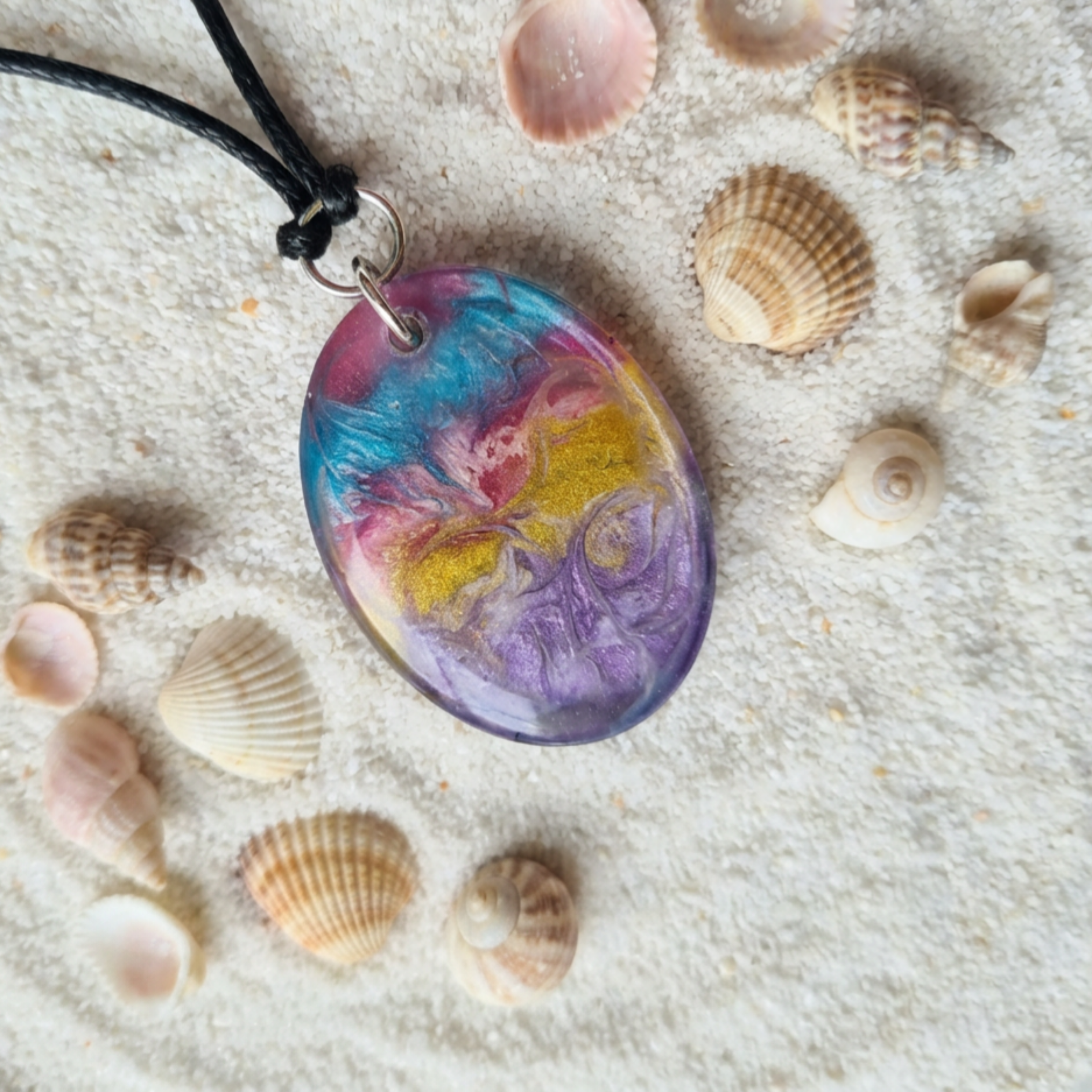 Purple Blue Gold Pink Swirl Oval Resin Pendant Necklace, Handmade Statement Pendant, One of a Kind Gift