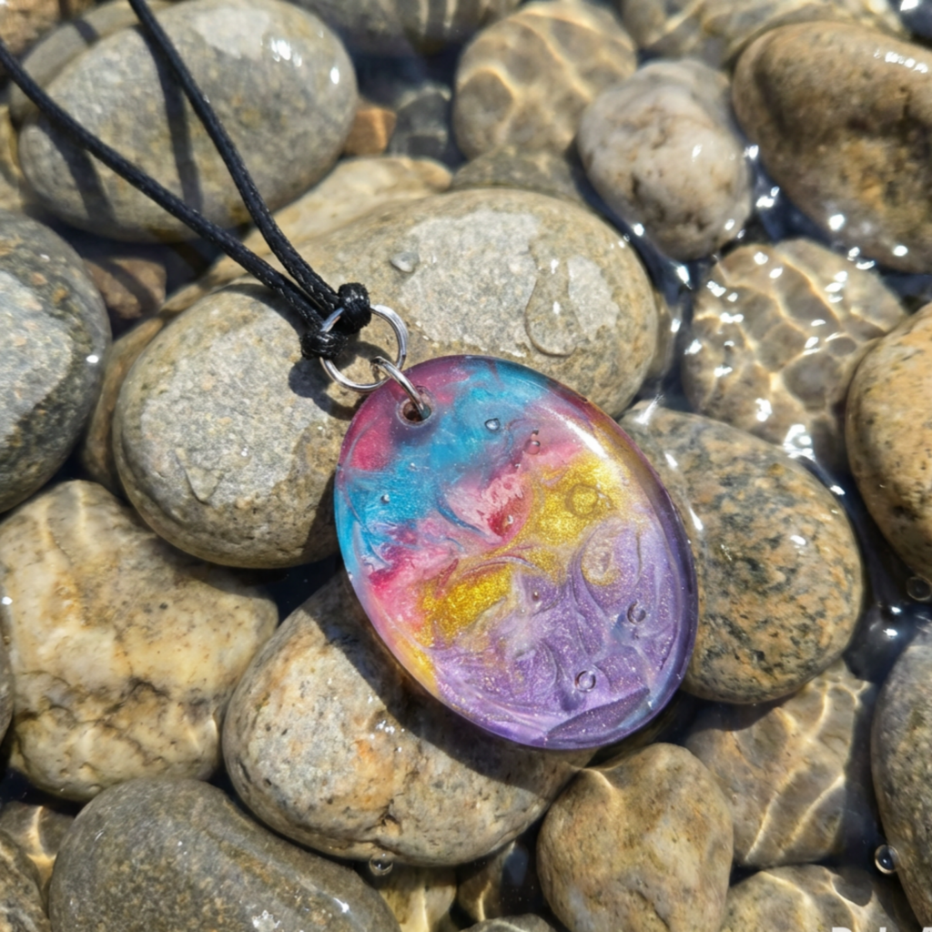 Colorful pendant on a black cord lying on wet stones