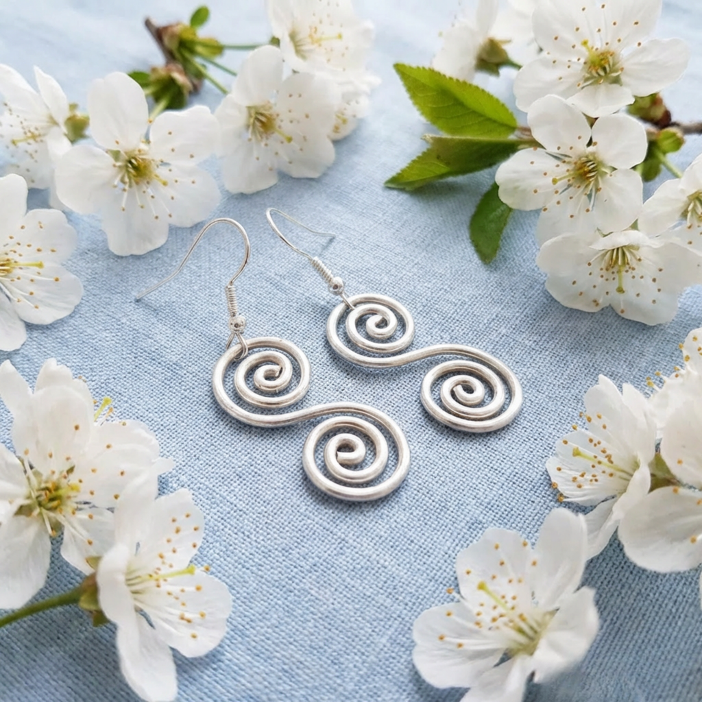 Silver spiral earrings on a light blue background with white flowers