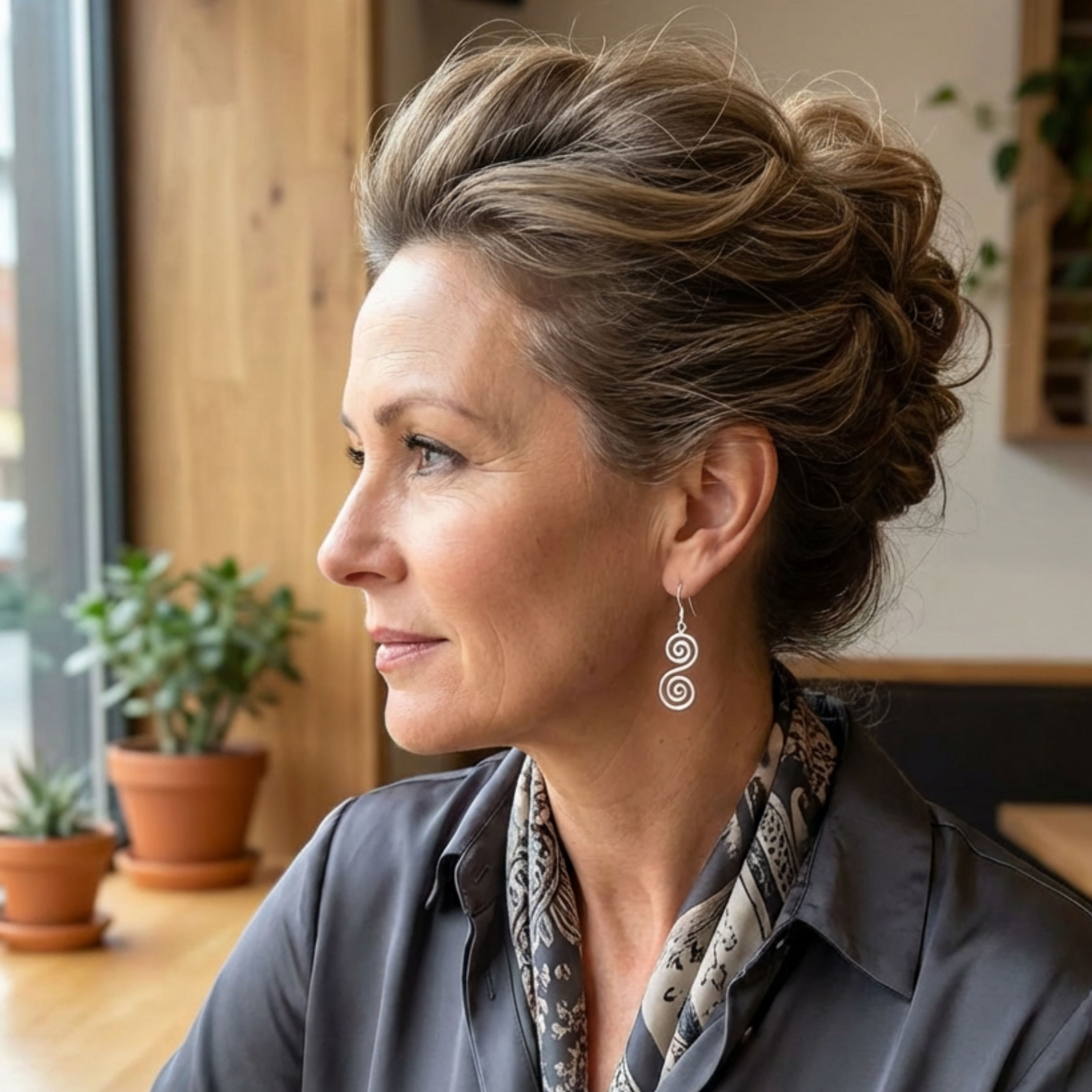 Woman with styled hair and earrings in an indoor setting