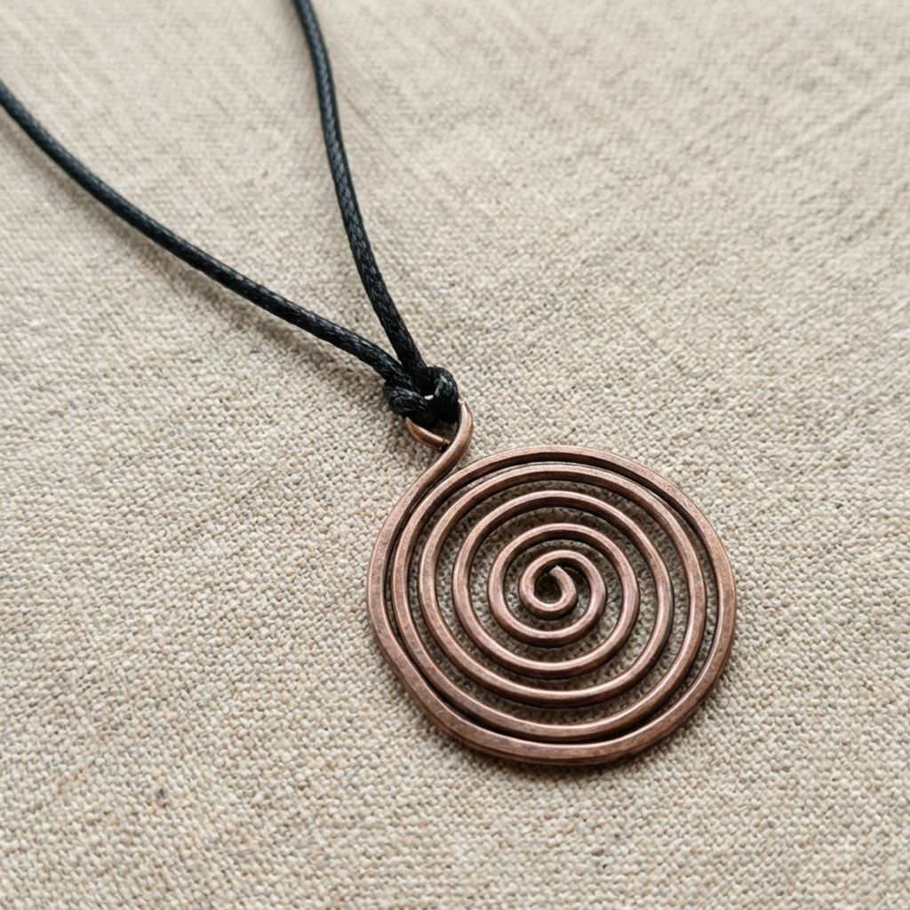 Copper spiral pendant on a black cord against a beige fabric background