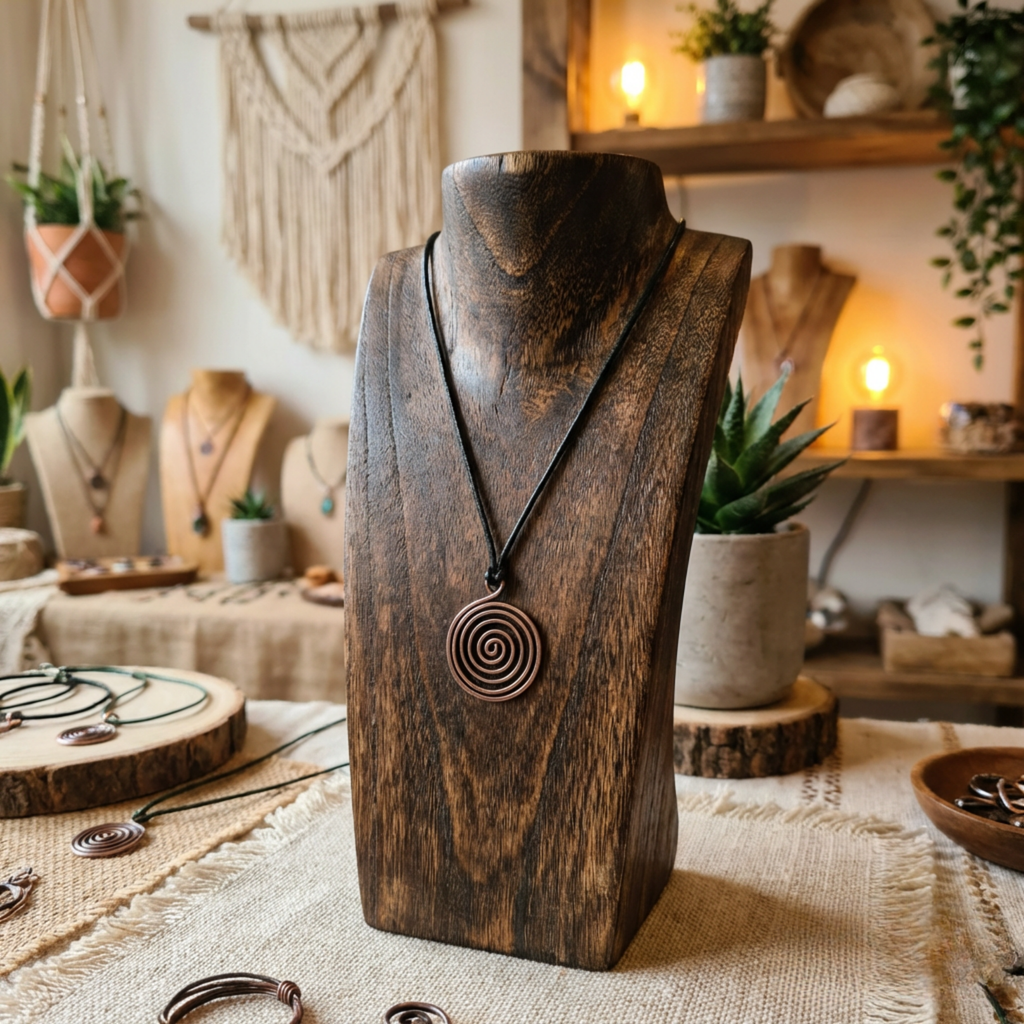 Wooden necklace stand with a spiral pendant in a cozy indoor setting