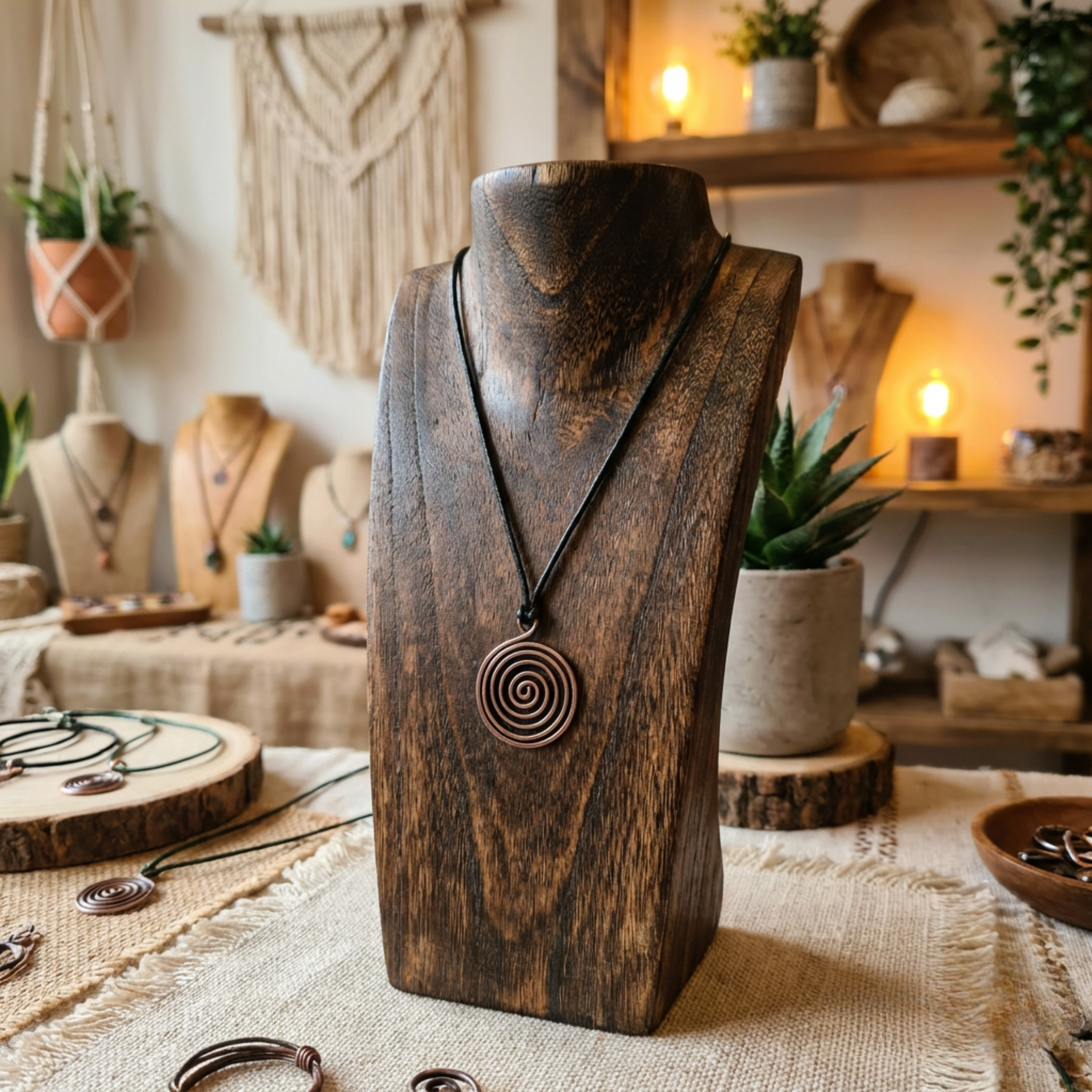 Wooden necklace stand with a spiral pendant in a cozy indoor setting