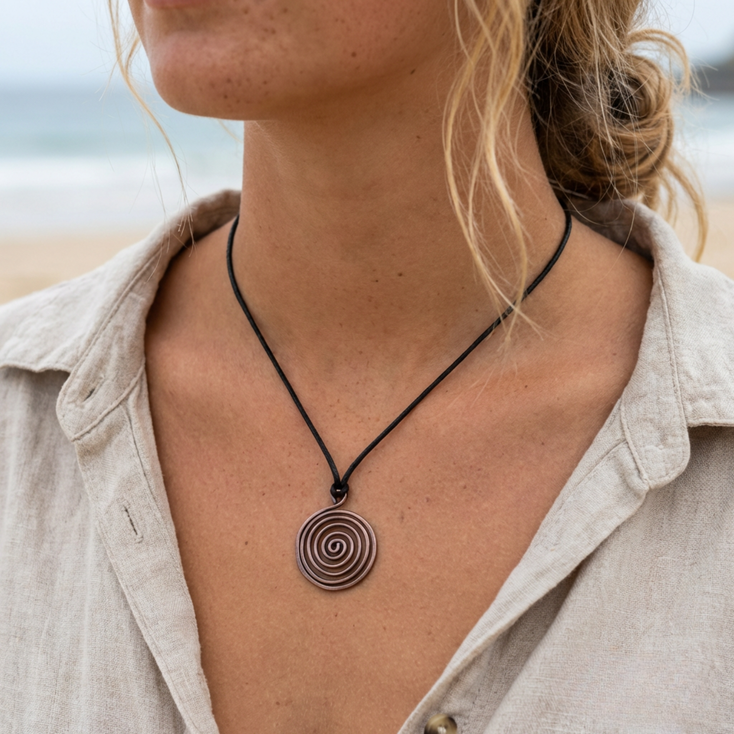 Woman wearing a spiral pendant necklace with a blurred background