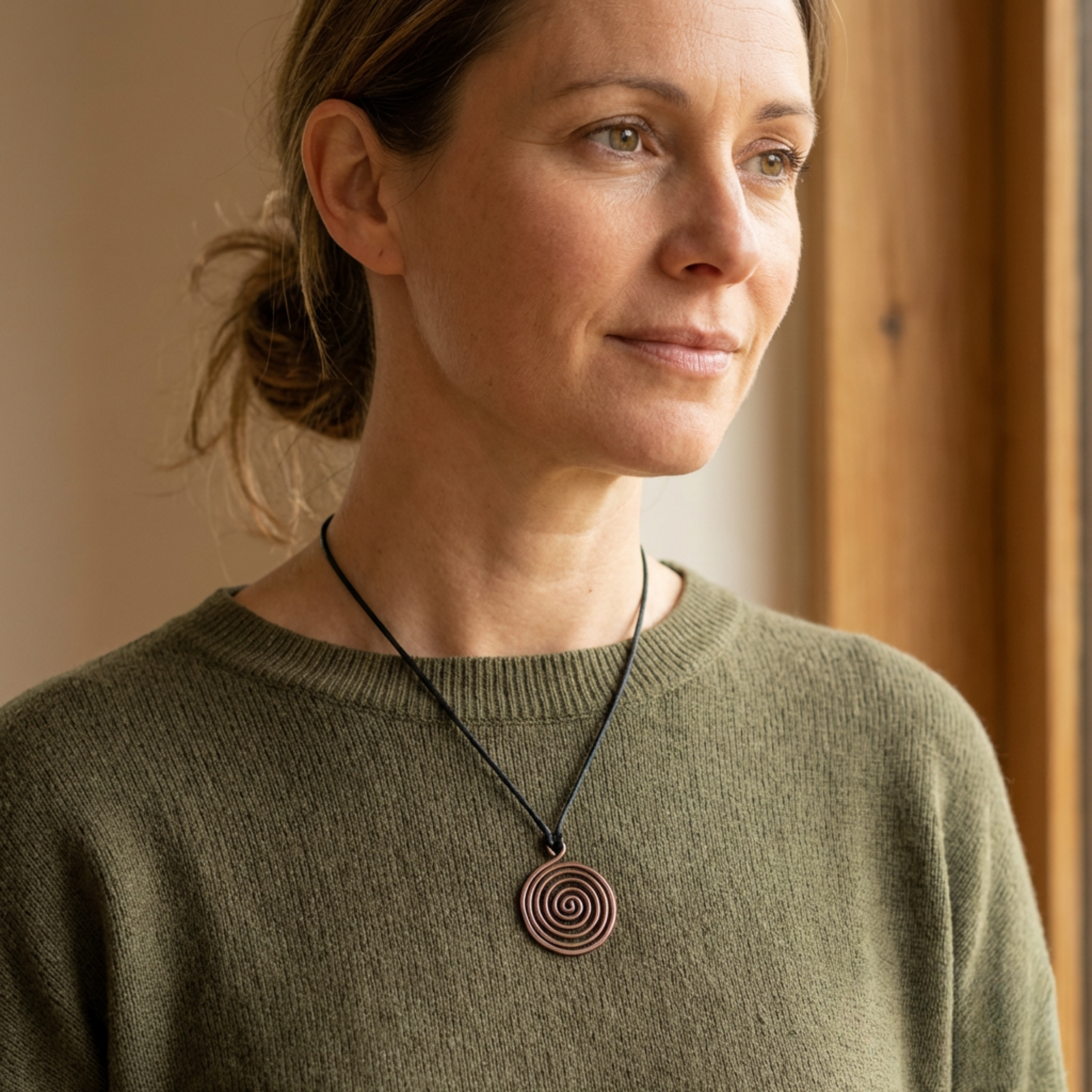 Woman wearing a green sweater with a spiral pendant necklace indoors.