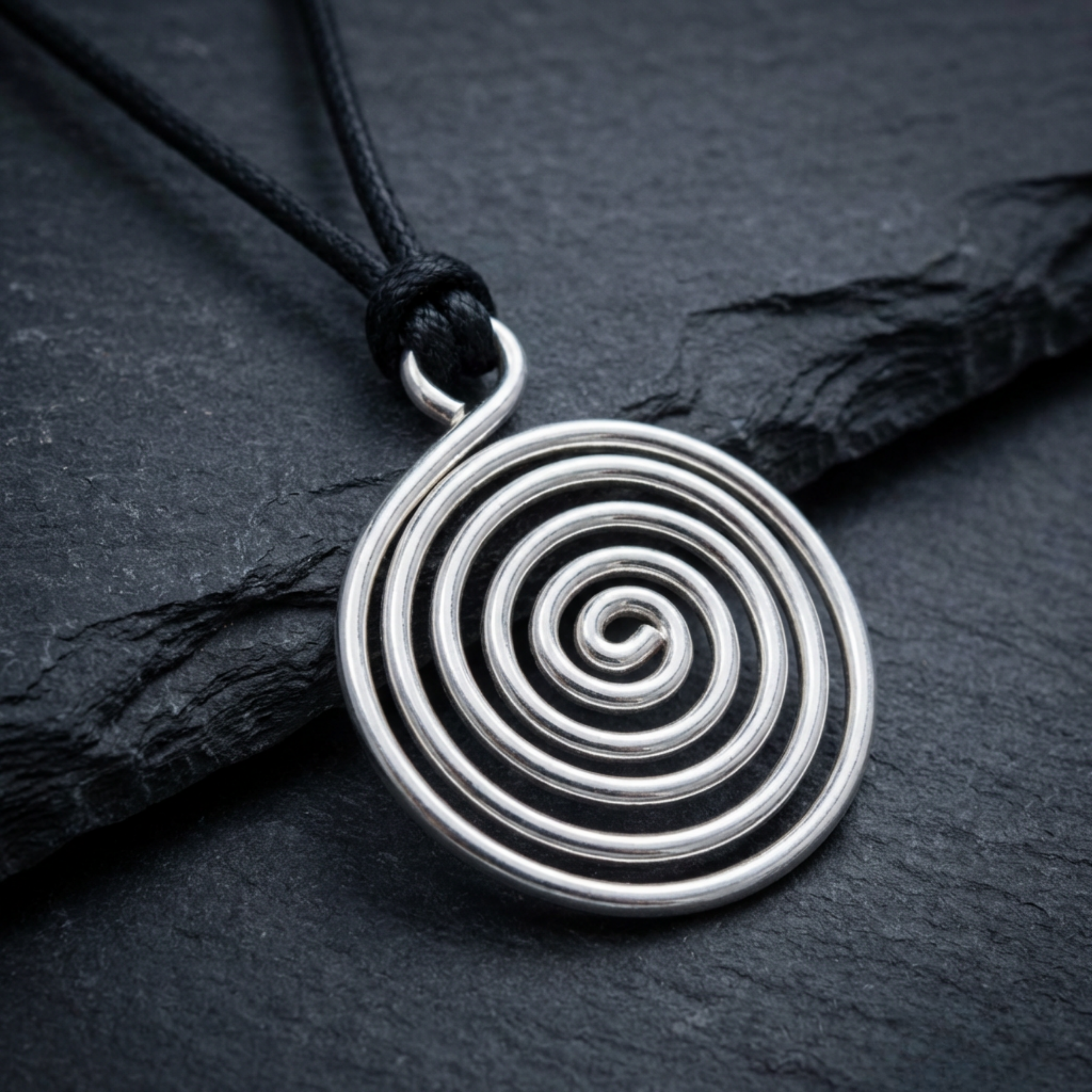 Silver spiral pendant on a black cord against a dark stone background