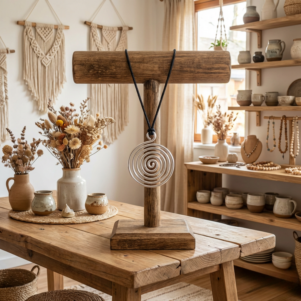 Spiral necklace on a wooden stand with a rustic interior setting