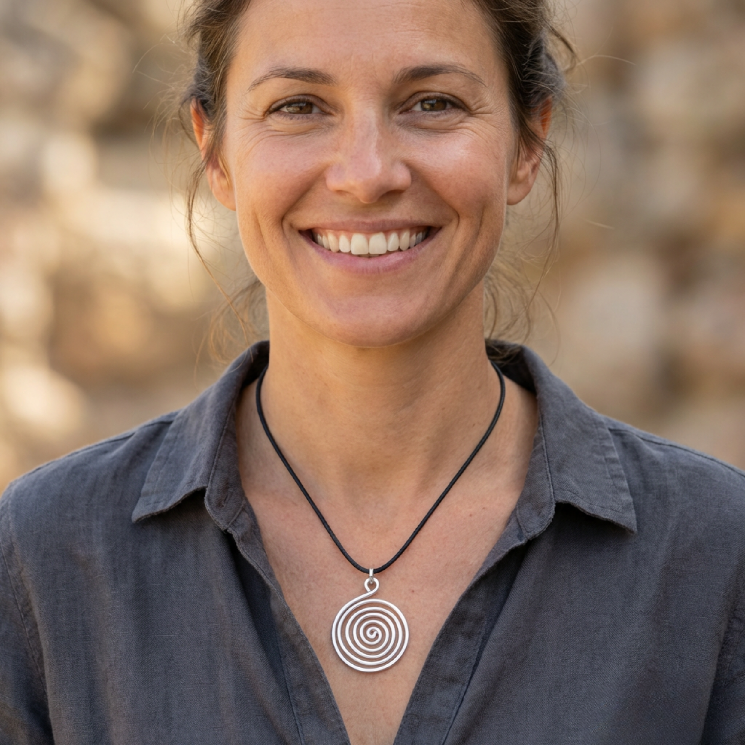 Woman wearing a necklace with a spiral pendant against a blurred natural background