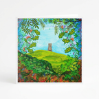 Colourful painting of a landscape with a tower and foliage