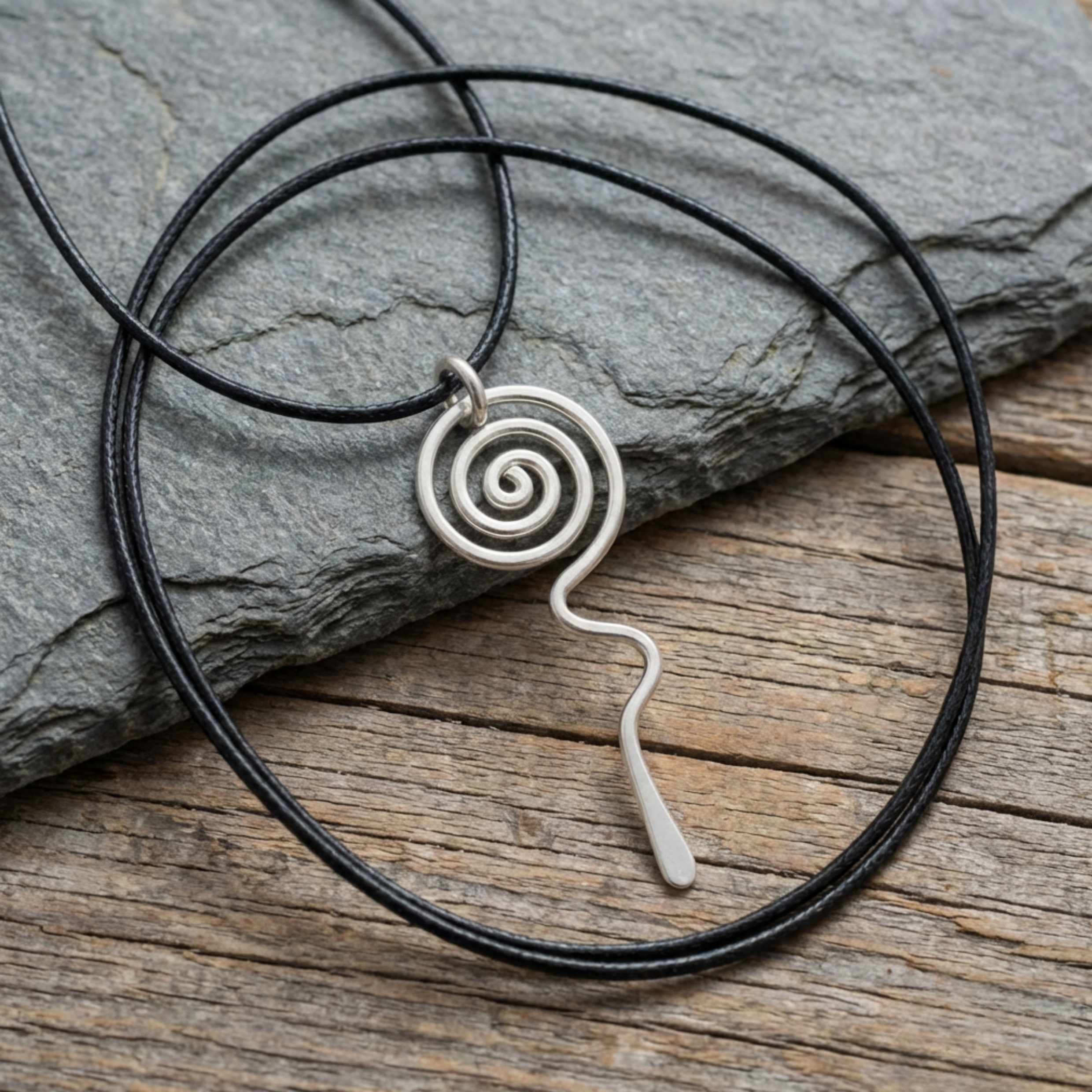 Silver spiral pendant on a black cord against a stone and wood background