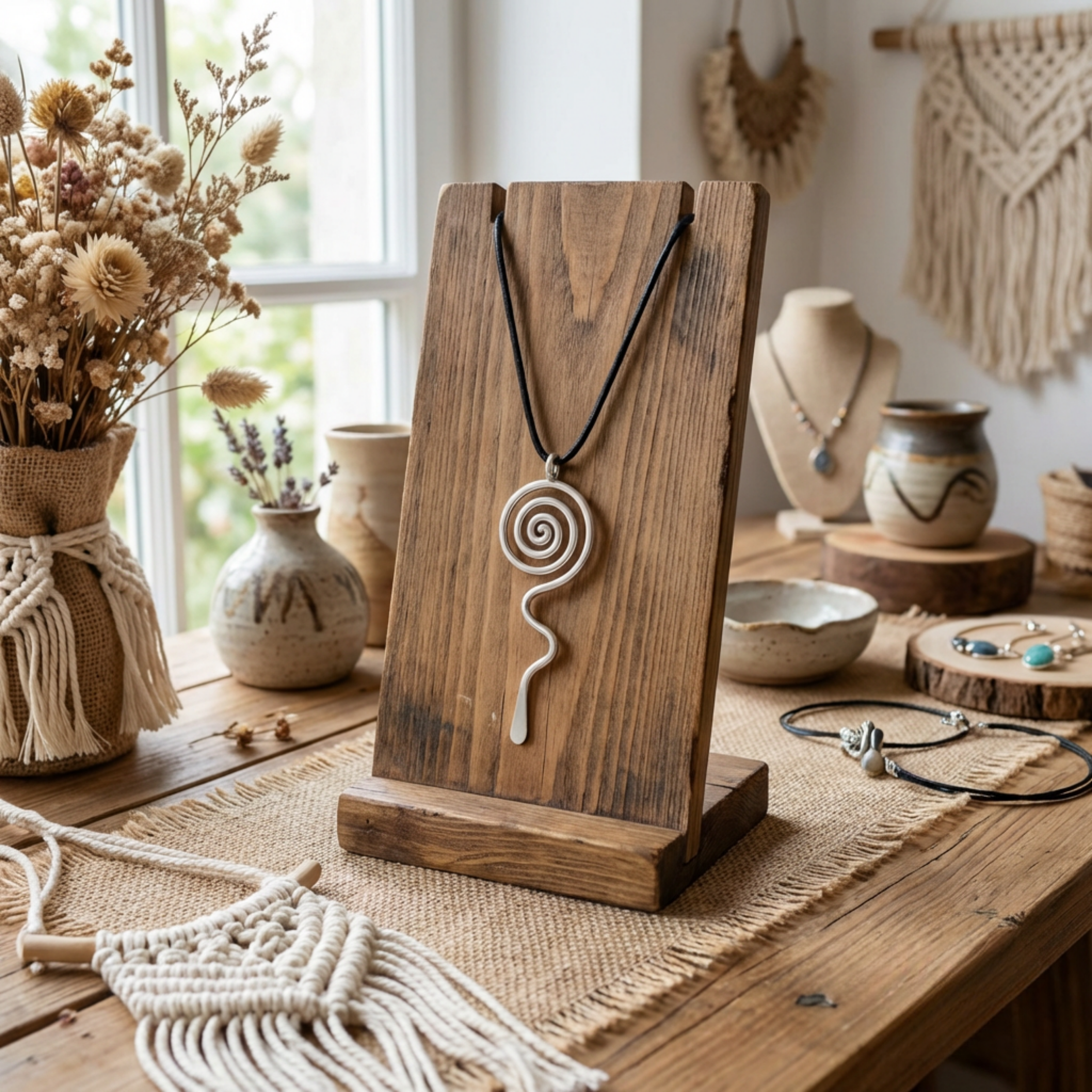 Necklace with a spiral design on a wooden stand in a rustic setting with macrame and pottery.
