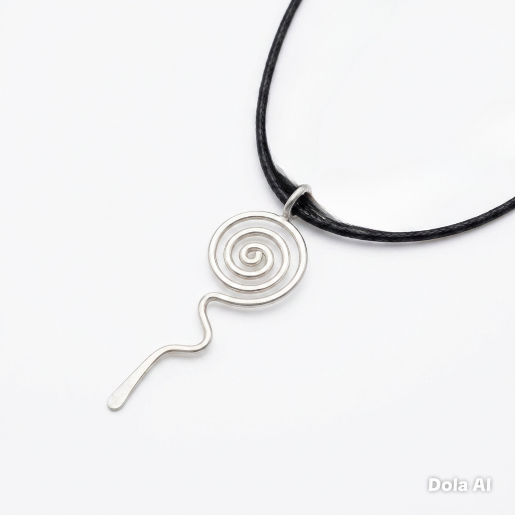 Silver spiral pendant on a black cord against a white background