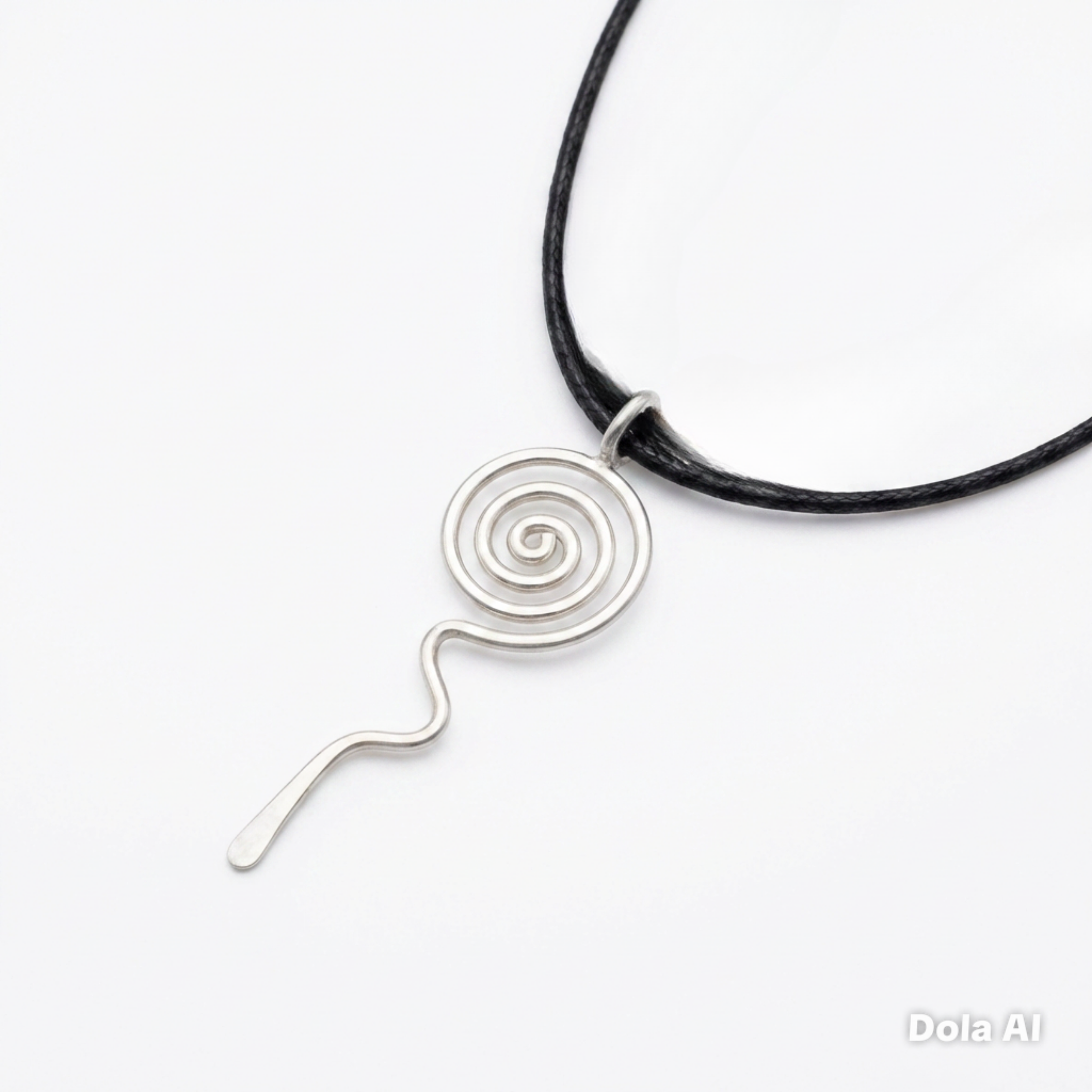 Silver spiral pendant on a black cord against a white background