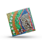 Colourful greeting card with an owl in an apple orchard design on a white background by Mark Betson Artist