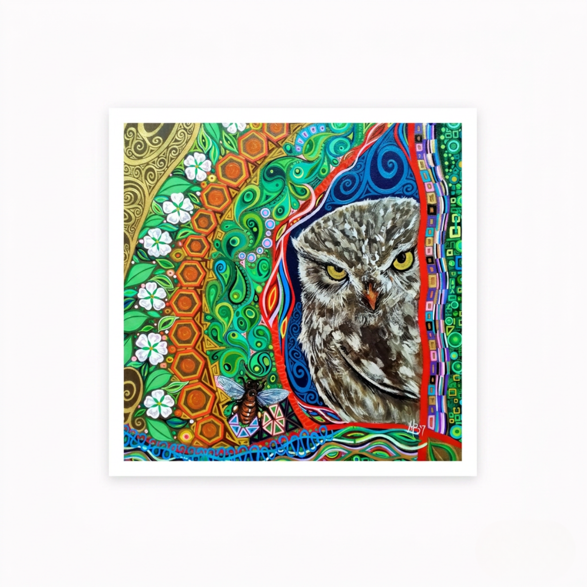 Colourful artwork with an owl amidst abstract patterns and flowers on a white background