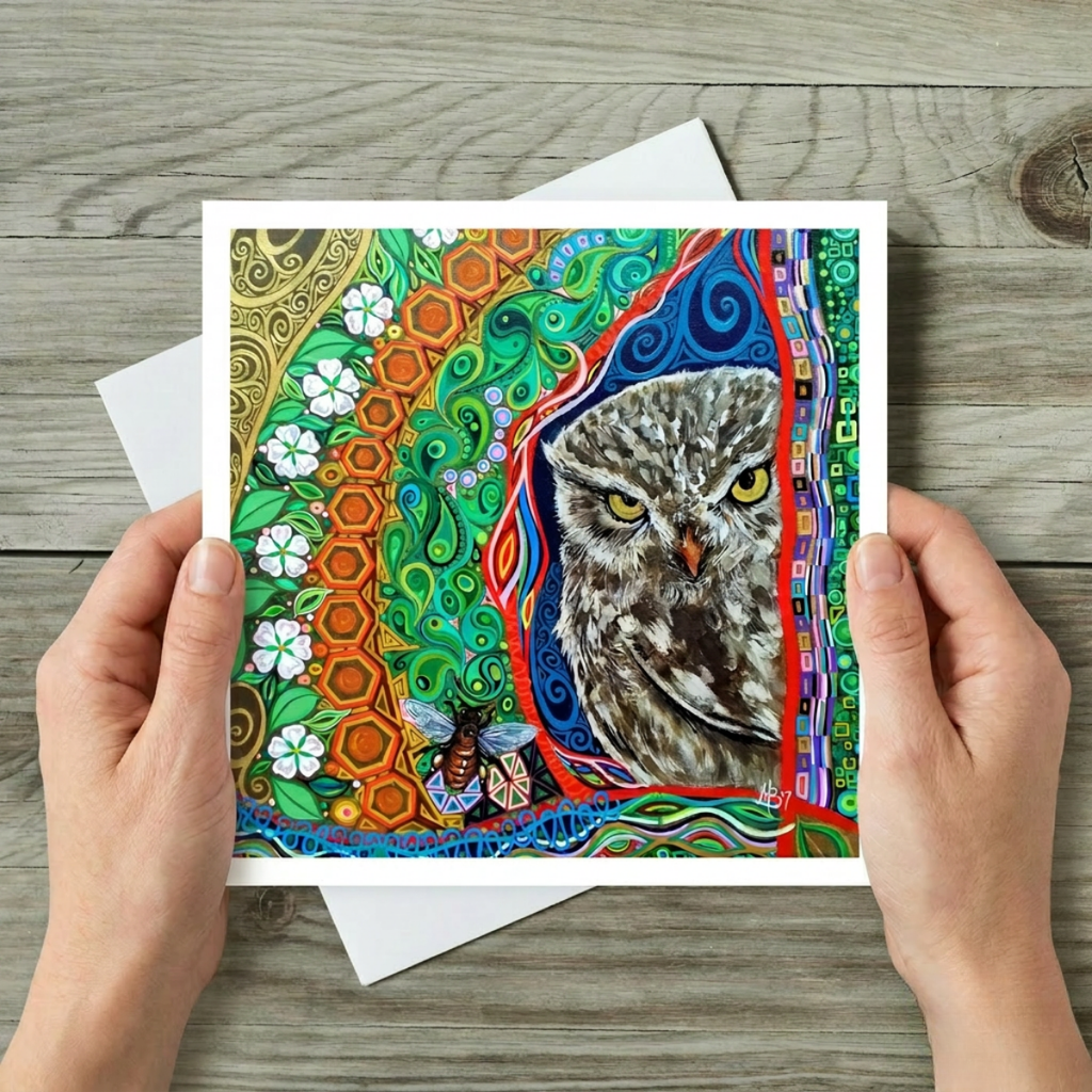 Colourful card with an owl design held by hands on a wooden surface