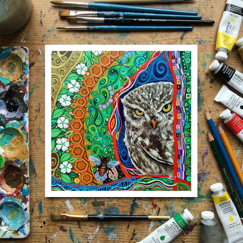Colourful owl artwork greeting card on a wooden surface with art supplies